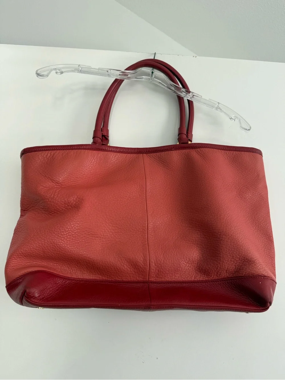 Tory Burch Two-Tone Pebbled Red Leather Tote with Logo Medallion